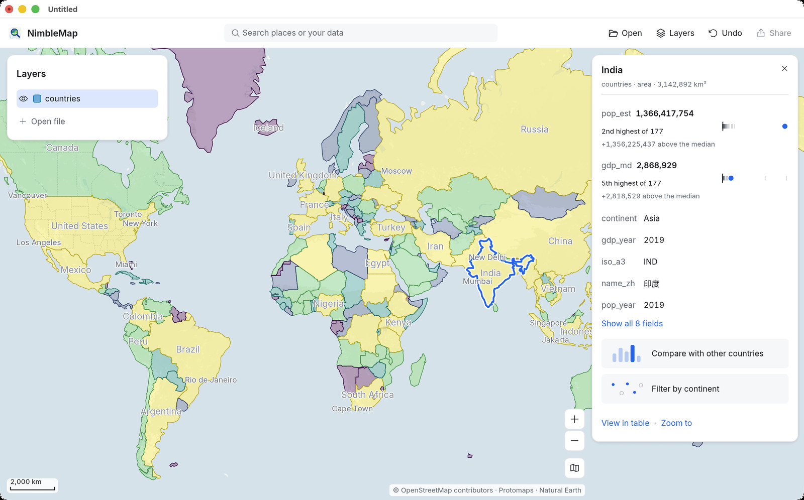 世界の国々を人口で色分けした NimbleMap。インドが選択され、カードには人口が 177 か国中 2 位と表示されています。