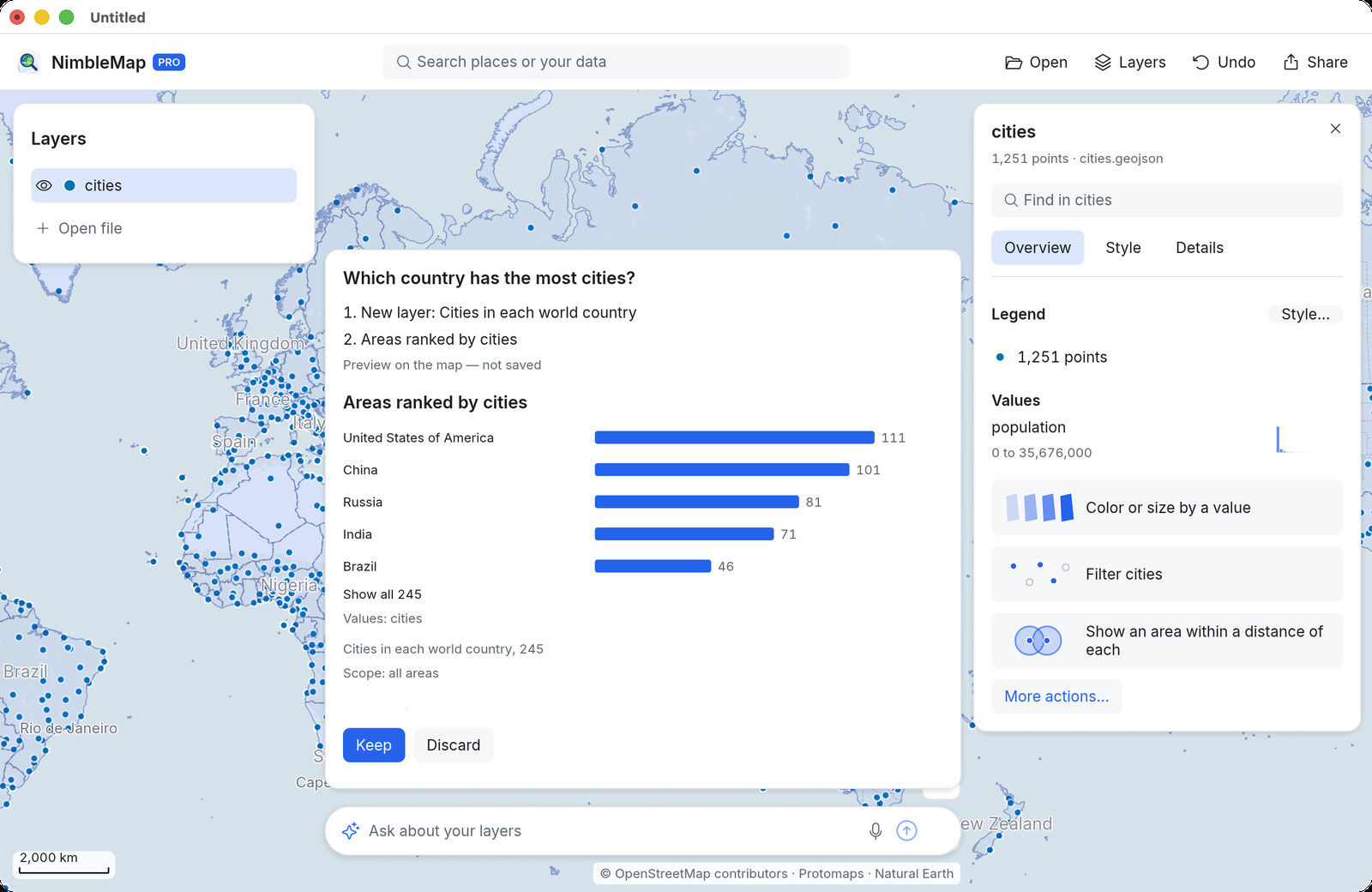 NimbleMap Pro beantwoordt “Which country has the most cities?” (Welk land heeft de meeste steden?) met een gerangschikte lijst en een voorbeeld op de kaart.