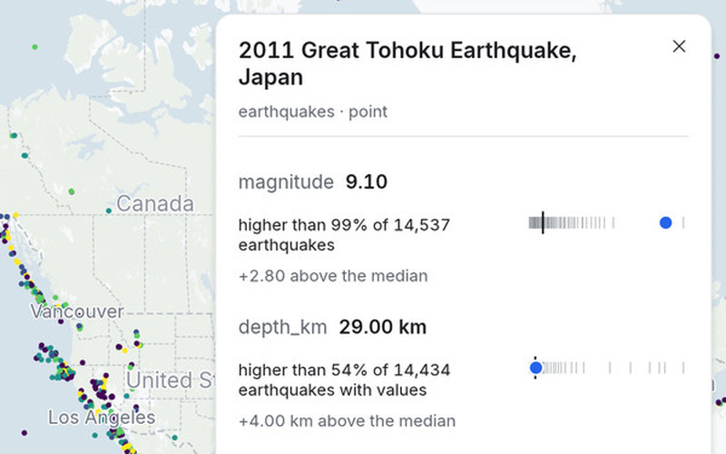 地物のカード:2011年の東北地方太平洋沖地震のマグニチュード 9.1 は、14,537 件の地震の 99% より大きい。