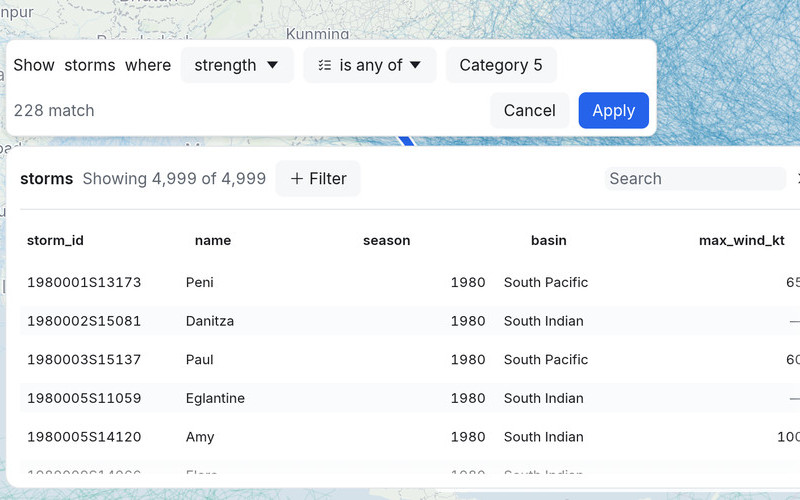 文で書かれたフィルター「Show storms where strength is any of Category 5」が、適用する前に 228 件が一致と表示している。Apply の横に Cancel があります。