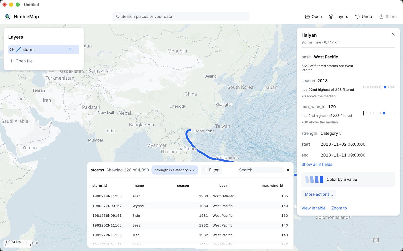Only Category 5 tracks remain on the map, crowded east of the Philippines; the table shows 228 of 4,999.
