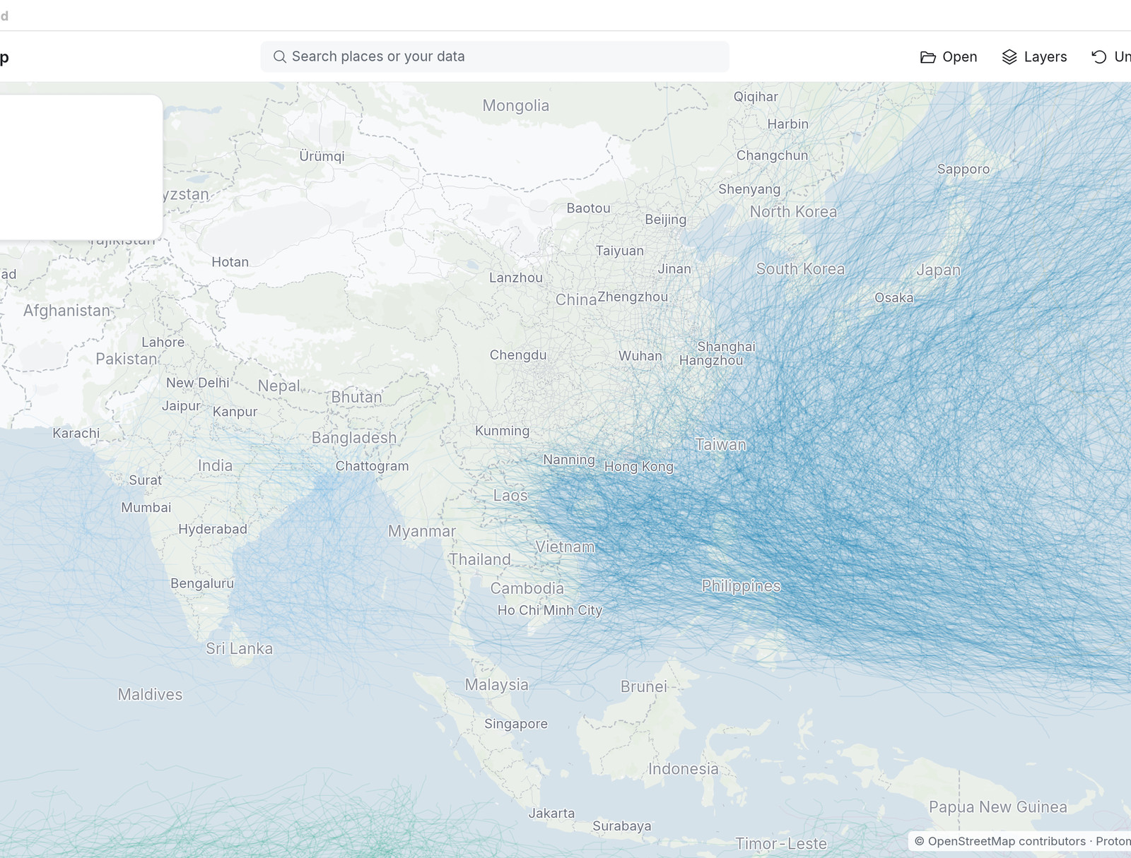 Storm tracks coloured by basin: the West Pacific in dark blue covers the sea from the Philippines to Japan.