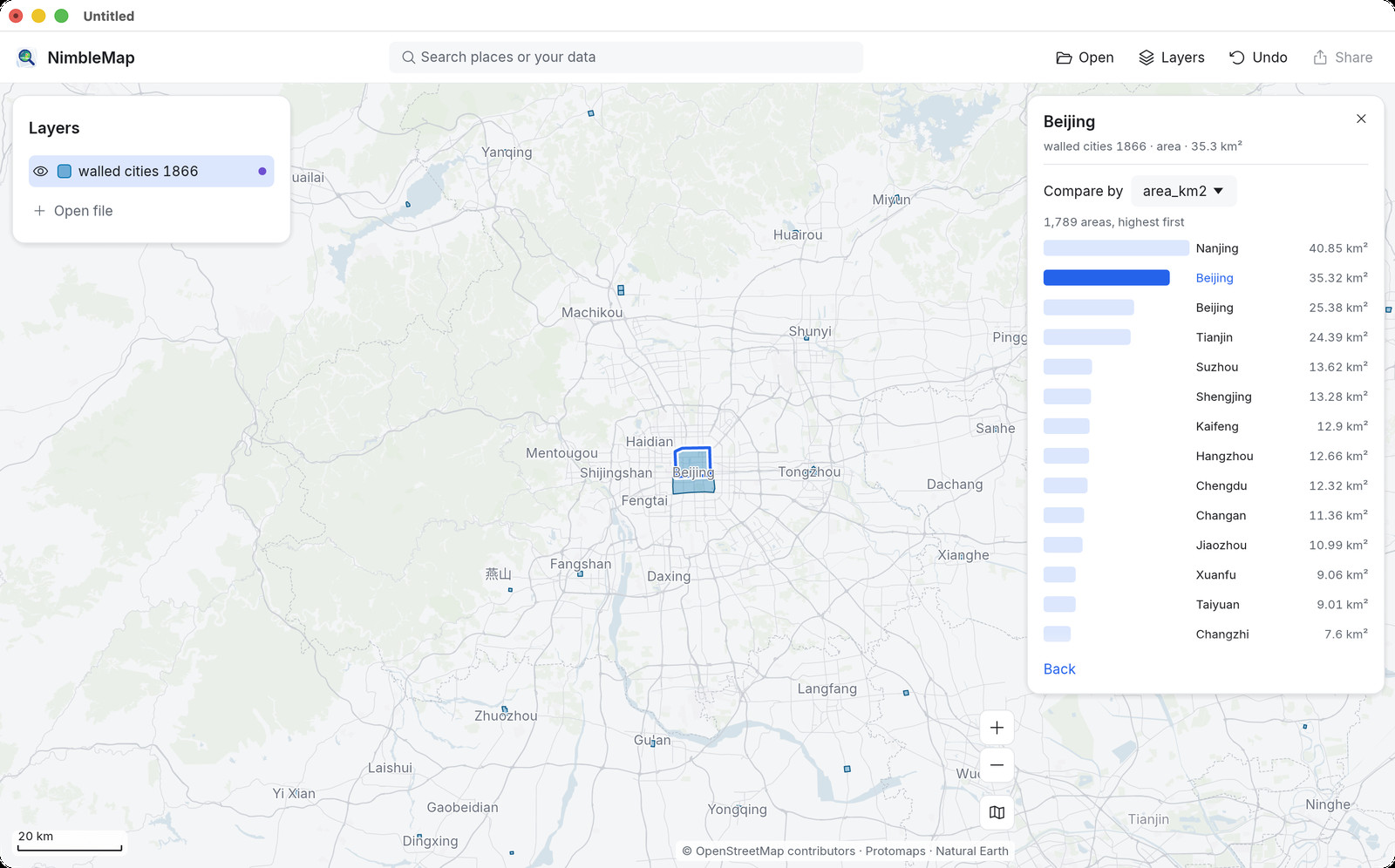 Two walled cities of 1866 compared side by side in NimbleMap, drawn over the map in the right place.